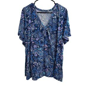 Woman Within Womens Plus Size Paisley Print Short Sleeve V Neck Tunic Top Sz 3X